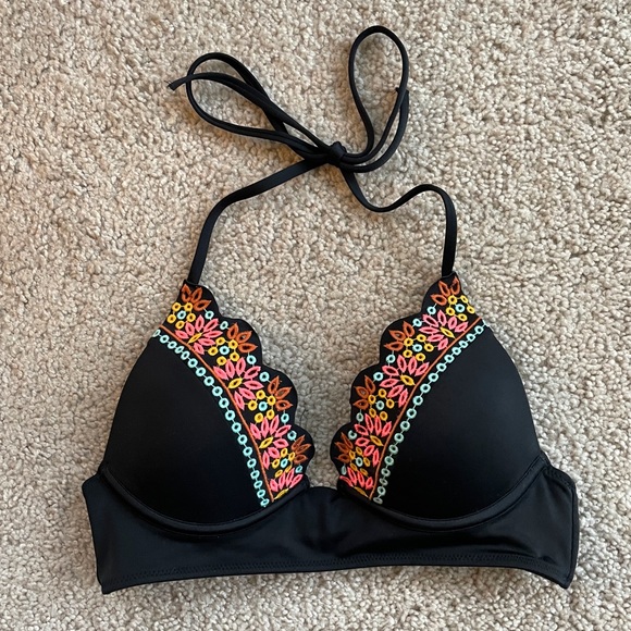 Shade & Shore Floral Halter Bikini Top 32B Black Pink Turquoise Tribal Like NEW - Picture 1 of 11
